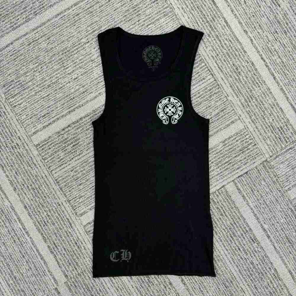 ⭐Chrome Hearts Horseshoe Print Black Ribbed Slim Fit Tank Top